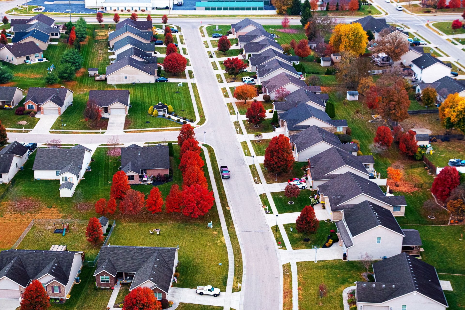 An Aerial View Looking Down the Lane in a Subdivision